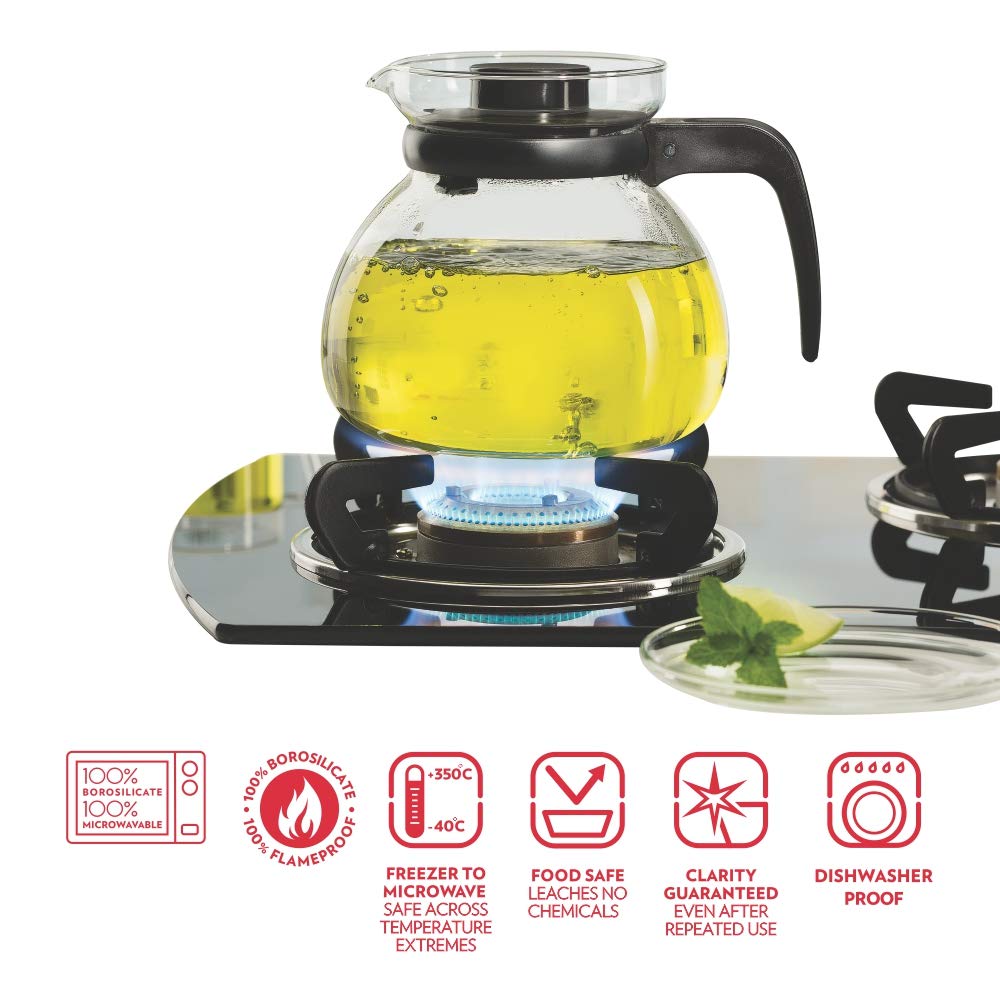 Borosil 1500 ML Borosilicate Glass Carafe with Stainer and Black Lid | Flame Proof Glass Kettle | Transparent | 1 Pc