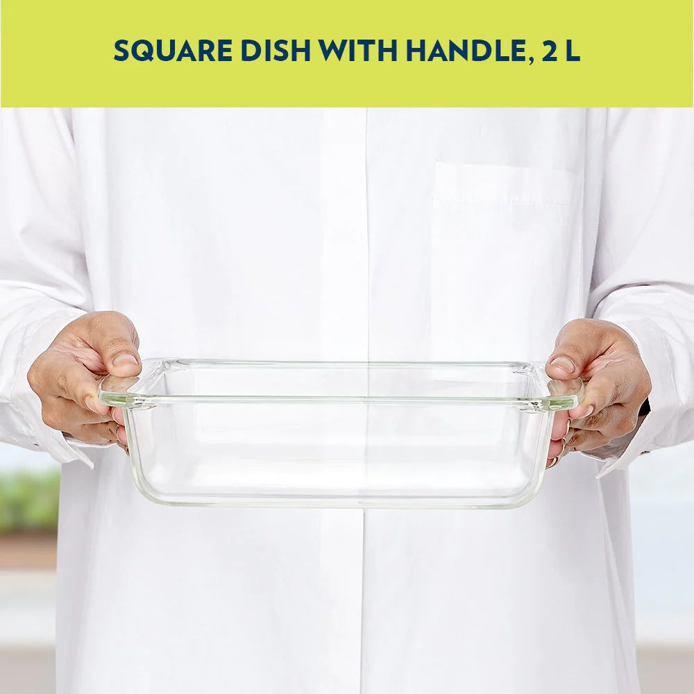 Borosil Square Baking Dish with Handle | Microwave & Oven Safe | Transparent | 1 Pc