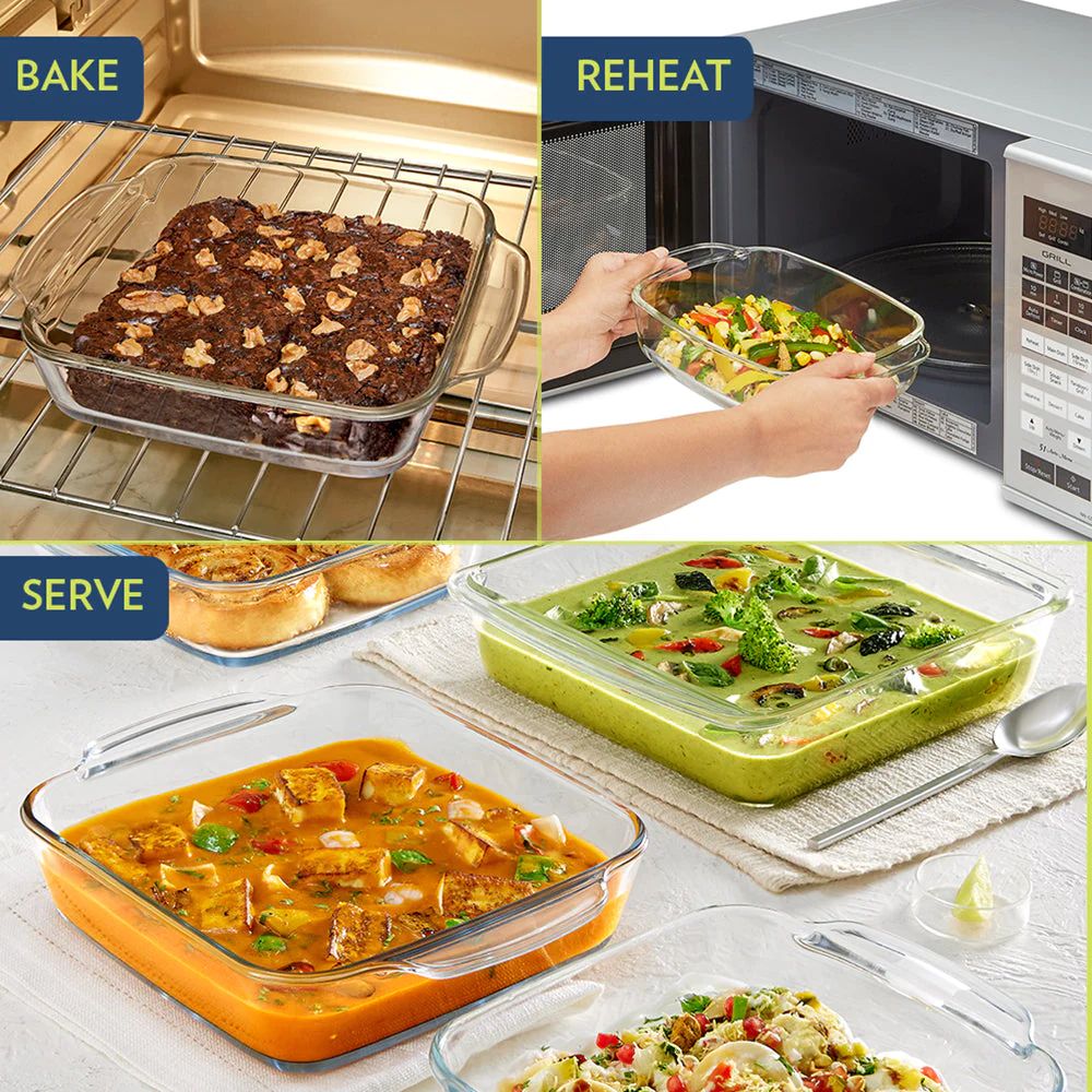 Borosil Square Baking Dish with Handle | Microwave & Oven Safe | Transparent | 1 Pc