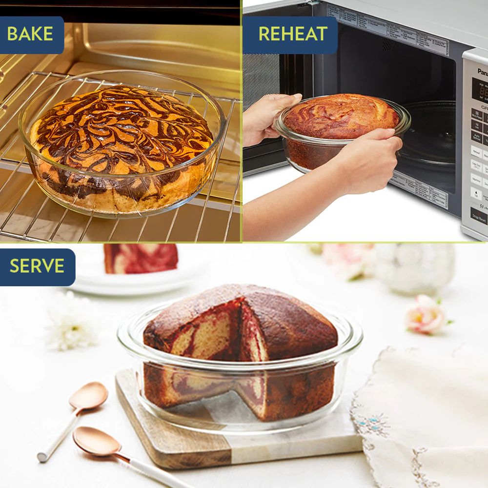 Borosil Round 1400 ML Cake Dish | Microwave & Oven Safe | Transparent | 1 Pc