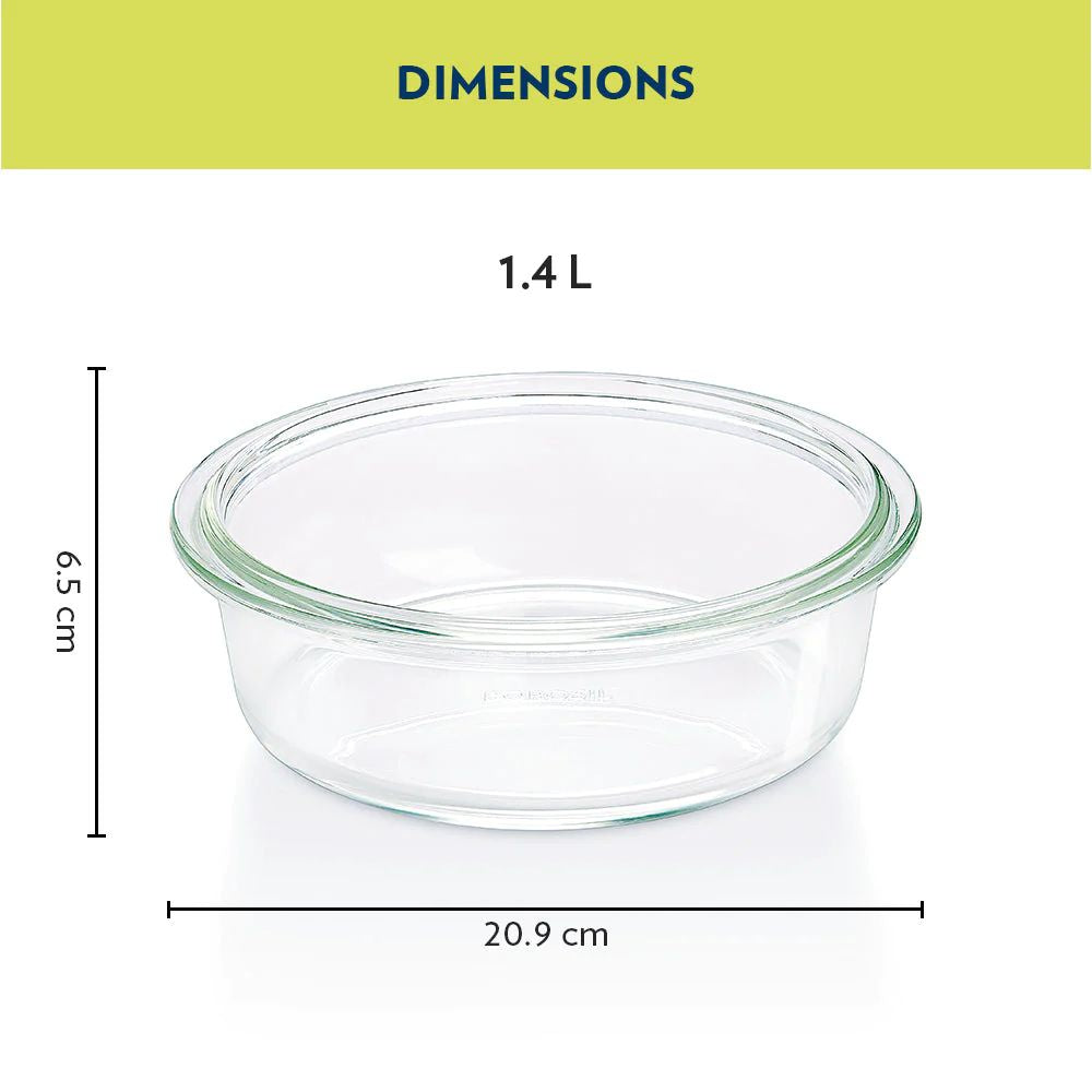 Borosil Round 1400 ML Cake Dish | Microwave & Oven Safe | Transparent | 1 Pc