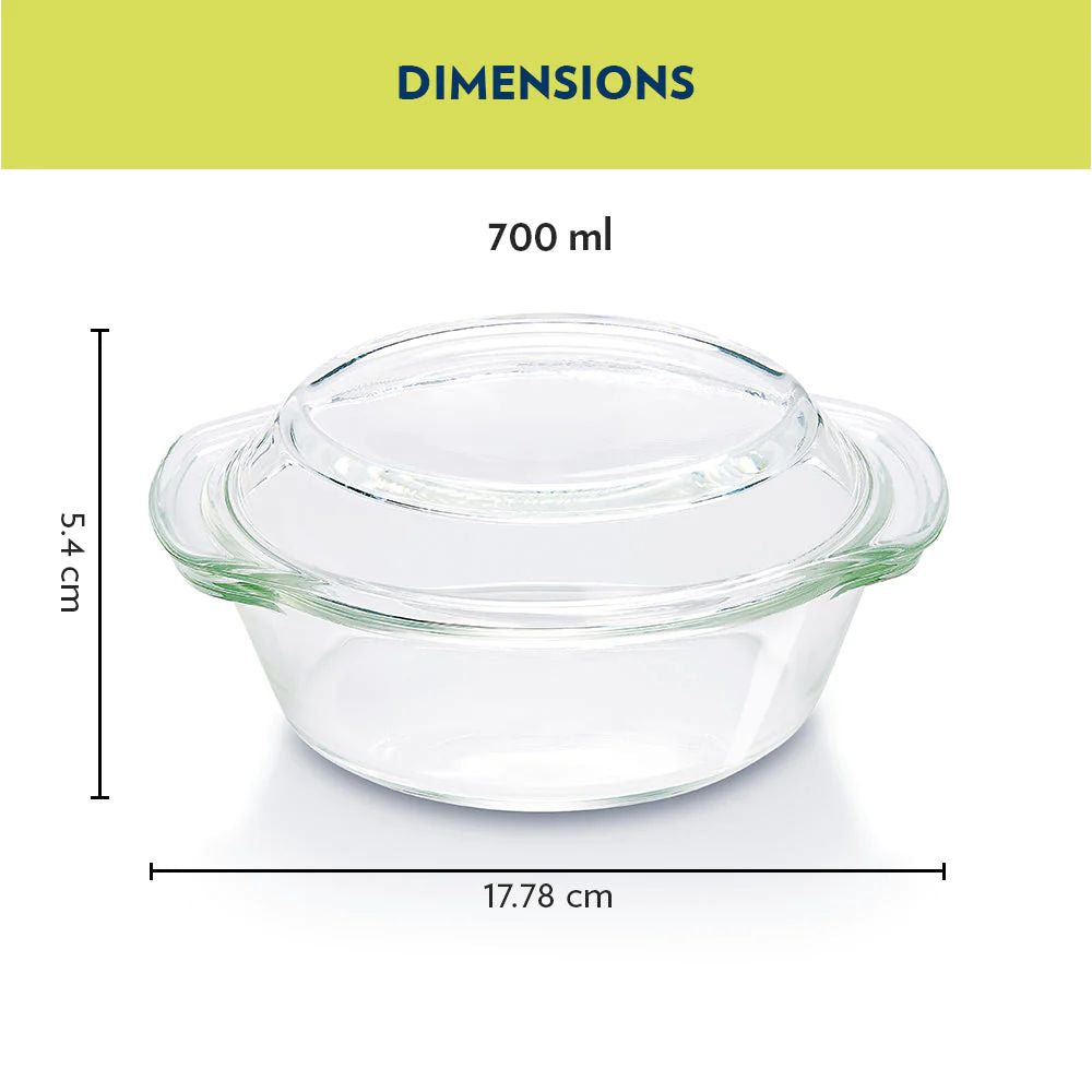 Borosil Round Casserole with Lid | Microwave Safe & Oven Safe | Transparent | 1 Pc