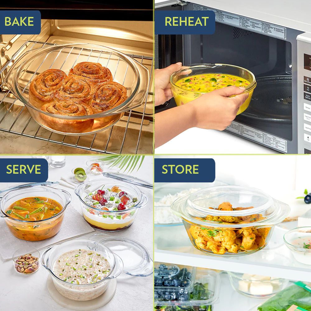Borosil Round Casserole with Lid | Microwave Safe & Oven Safe | Transparent | 1 Pc