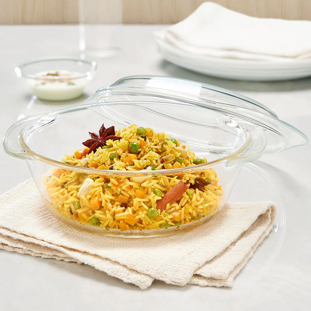 Borosil Round Casserole with Lid | Microwave Safe & Oven Safe | Transparent | 1 Pc