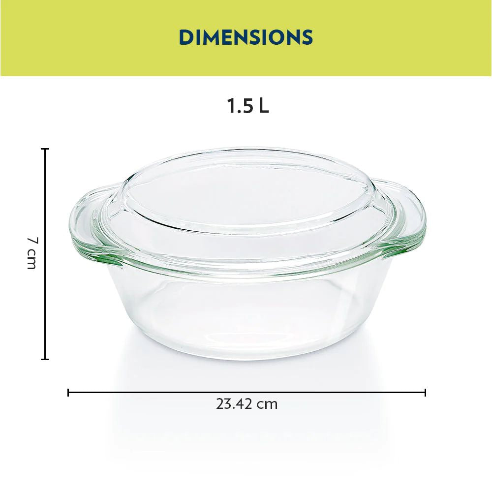 Borosil Round Casserole with Lid | Microwave Safe & Oven Safe | Transparent | 1 Pc