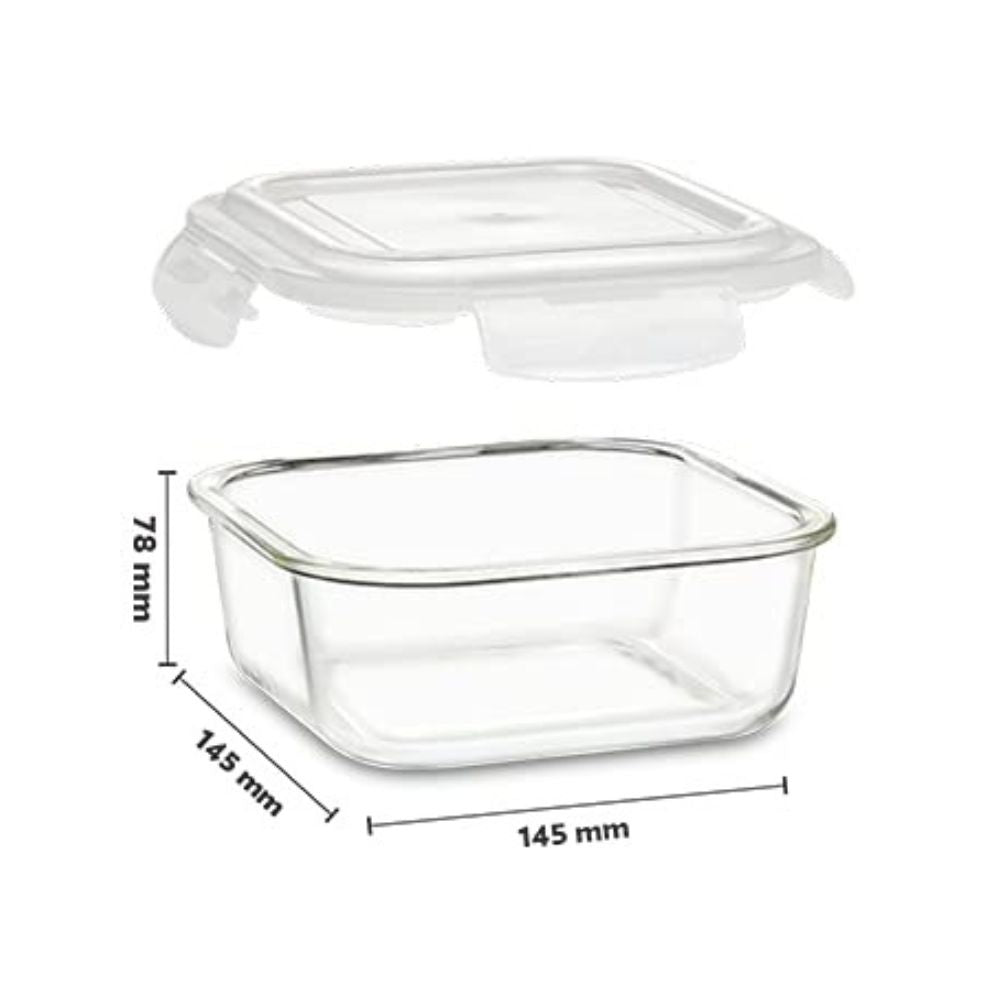 Borosil Klip N Store Square Glass Storage Container | Microwave & Oven Safe | Transparent | 1 Pc