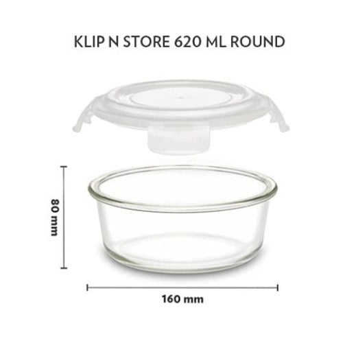 Borosil Klip N Store Round Glass Storage Container | Microwave & Oven Safe | Transparent | 1 Pc