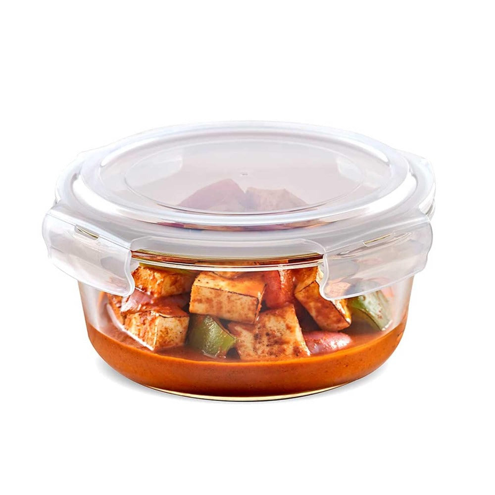 Borosil Klip N Store Round Glass Storage Container | Microwave & Oven Safe | Transparent | 1 Pc