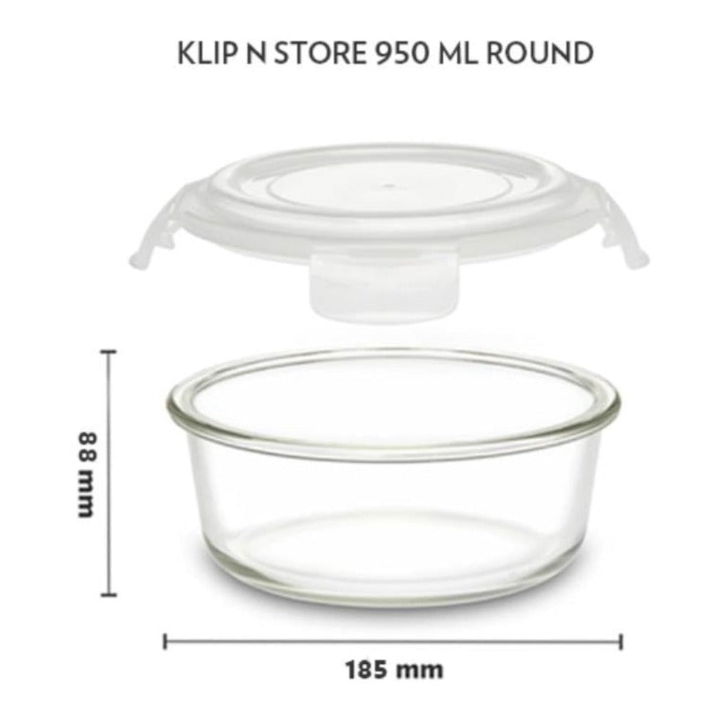 Borosil Klip N Store Round Glass Storage Container | Microwave & Oven Safe | Transparent | 1 Pc