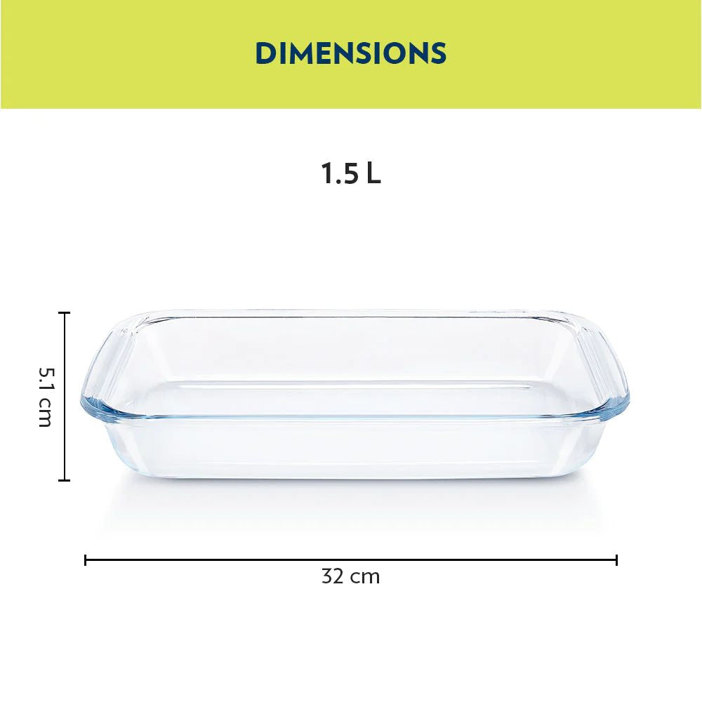 Borosil Rectangular 1500 ML Baking Dish | Microwave & Oven Safe | Transparent | 1 Pc
