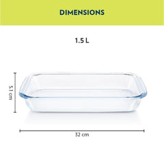 Borosil Rectangular 1500 ML Baking Dish | Microwave & Oven Safe | Transparent | 1 Pc
