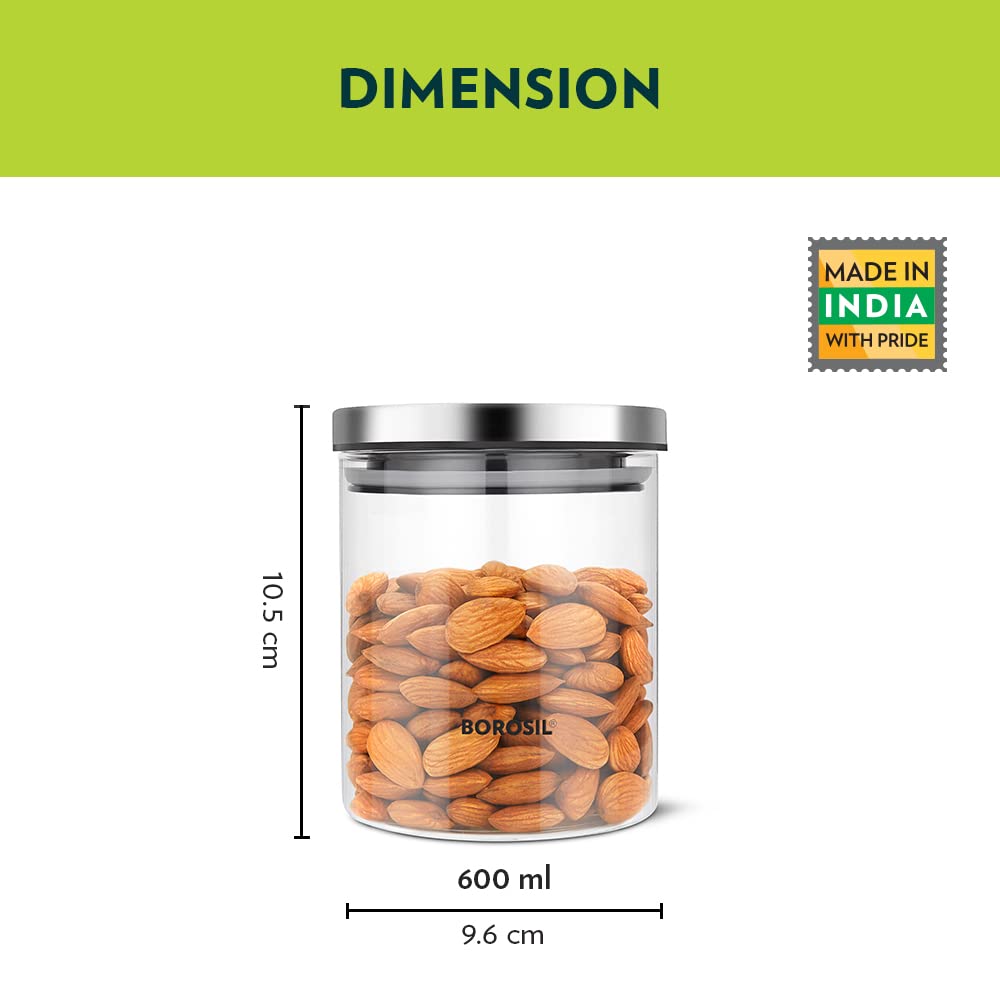 Borosil Classic Glass Storage Jar with Stainless Steel Lid | Transparent | 1 Pc