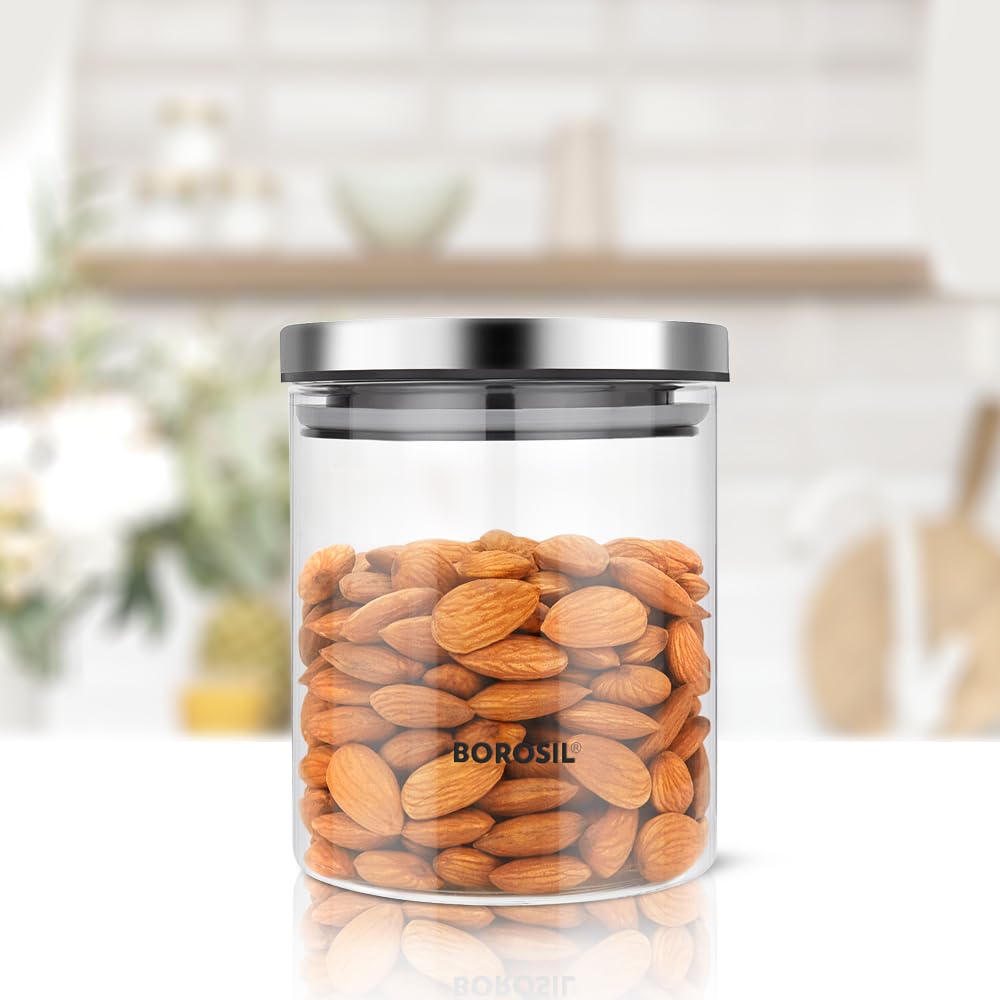 Borosil Classic Glass Storage Jar with Stainless Steel Lid | Transparent | 1 Pc