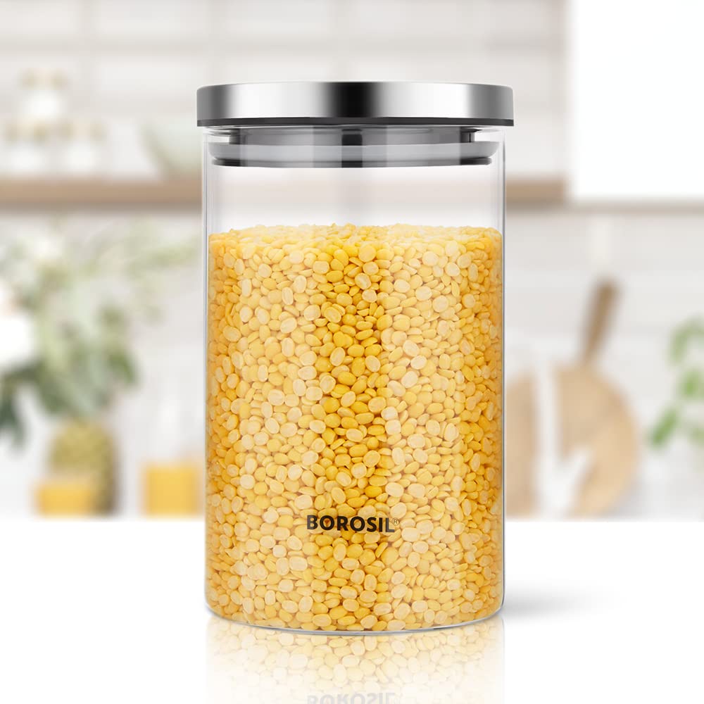 Borosil Classic Glass Storage Jar with Stainless Steel Lid | Transparent | 1 Pc