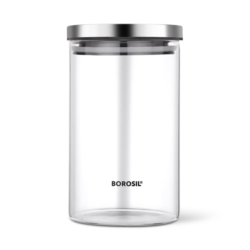 Borosil Classic Glass Storage Jar with Stainless Steel Lid | Transparent | 1 Pc