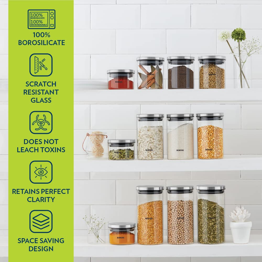 Borosil Classic Glass Storage Jar with Stainless Steel Lid | Transparent | 1 Pc