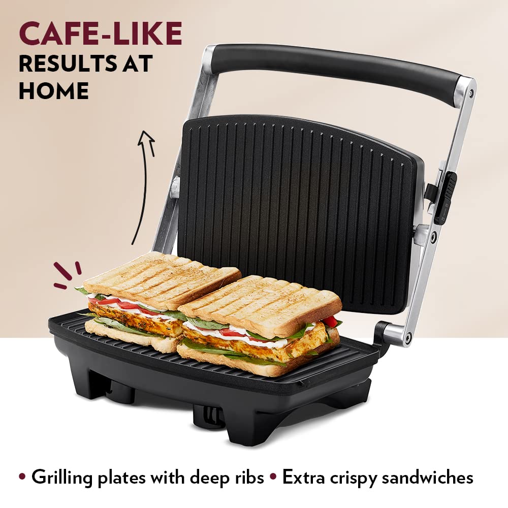 Borosil Jumbo 1000 Watts 2 Slice Grill Sandwich Maker | Grey