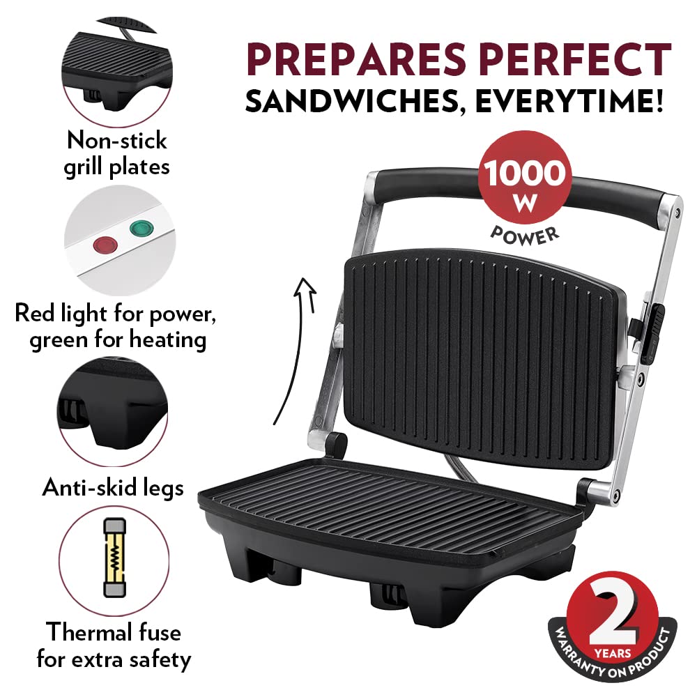 Borosil Jumbo 1000 Watts 2 Slice Grill Sandwich Maker | Grey