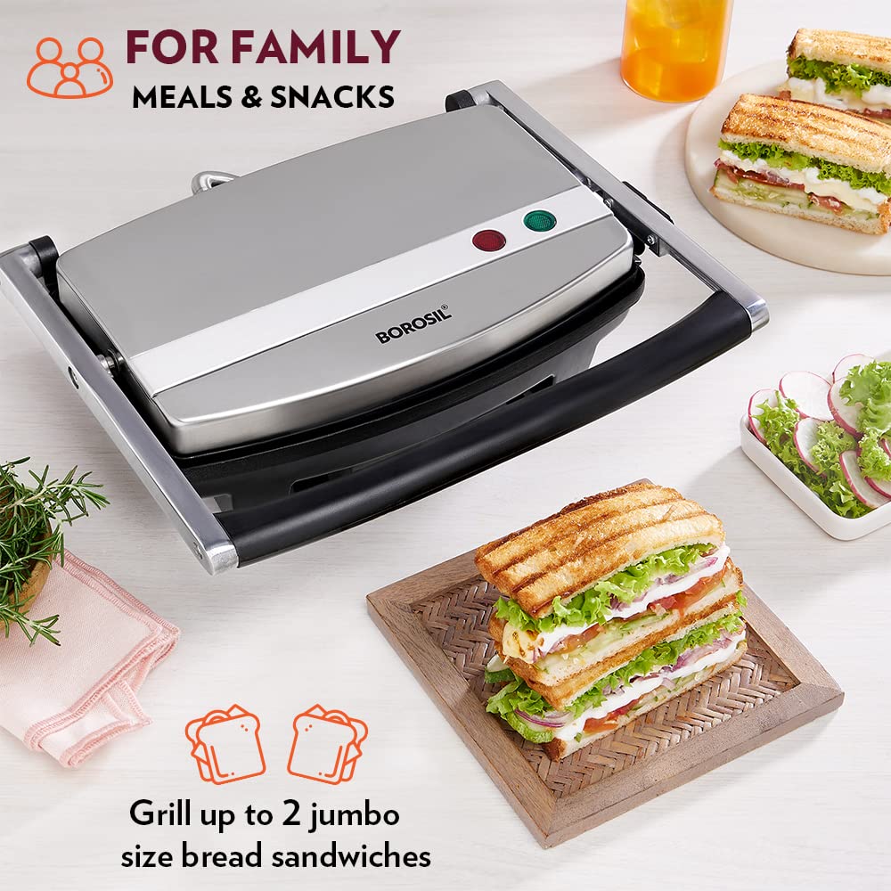 Borosil Jumbo 1000 Watts 2 Slice Grill Sandwich Maker | Grey