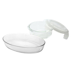 Borosil Bake N Store Set - 700 ML Oval Dish + 620 ML Klip n Store Round Container | Transparent | Set of 2 Pcs