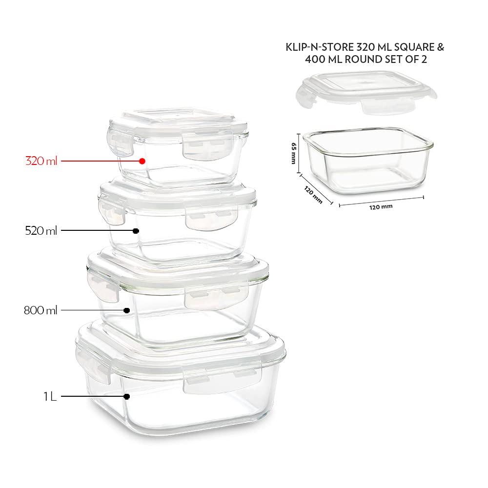 Borosil Klip n Store 320 ML Square + 400 ML Round Glass Container | Transparent | Set of 2 Pcs