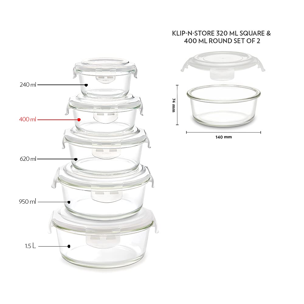 Borosil Klip n Store 320 ML Square + 400 ML Round Glass Container | Transparent | Set of 2 Pcs