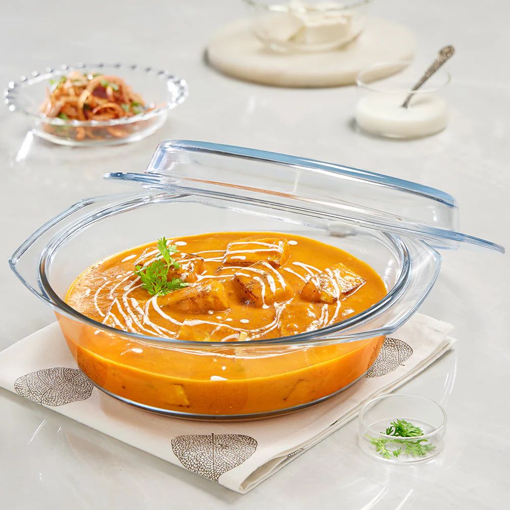 Borosil Round Casserole with Lid | Microwave Safe & Oven Safe | Transparent | 1 Pc