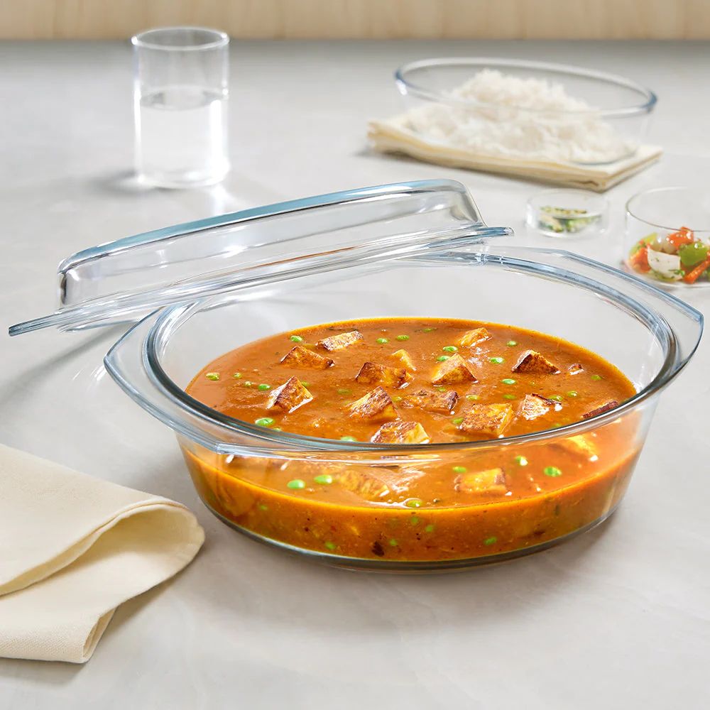 Borosil Round Casserole with Lid | Microwave Safe & Oven Safe | Transparent | 1 Pc