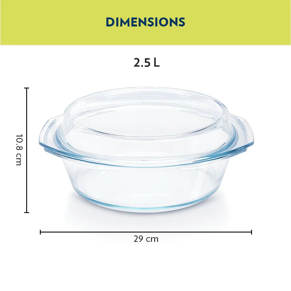 Borosil Round Casserole with Lid | Microwave Safe & Oven Safe | Transparent | 1 Pc