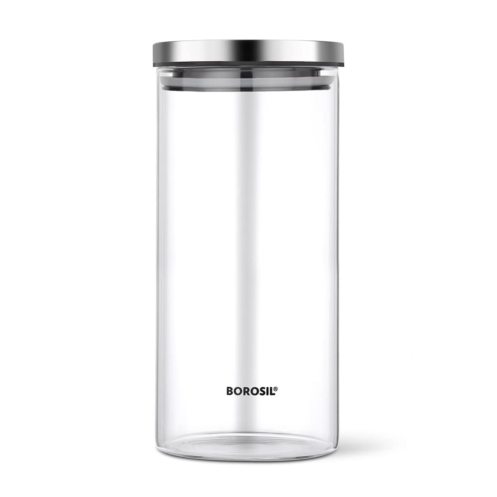 Borosil Classic Glass Storage Jar with Stainless Steel Lid | Transparent | 1 Pc