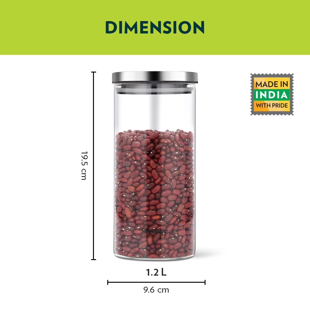 Borosil Classic Glass Storage Jar with Stainless Steel Lid | Transparent | 1 Pc