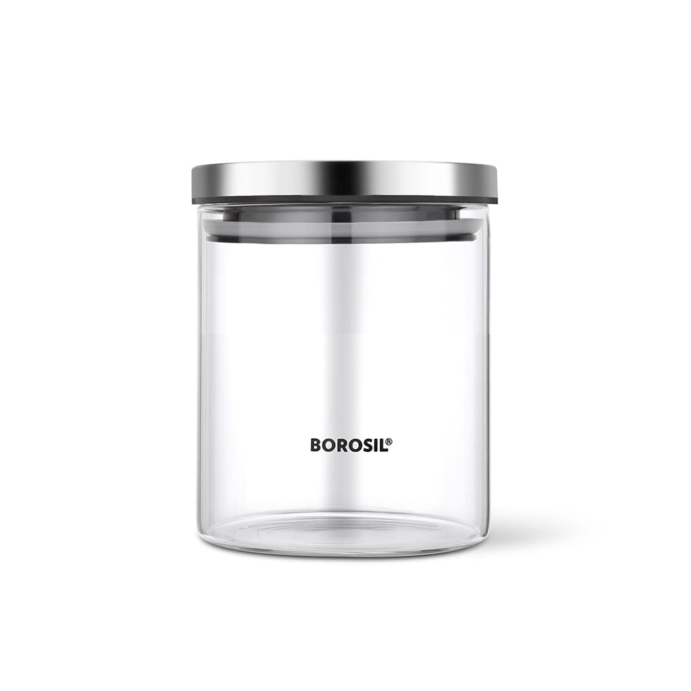 Borosil Classic 900 ML Wide Glass Storage Jar with Stainless Steel Lid | Transparent | 1 Pc