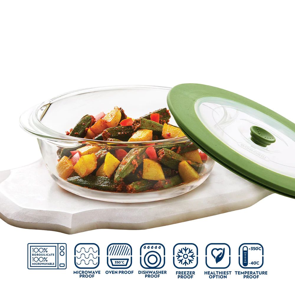 Borosil Round 1000 ML Dish with Green Lid | Microwave & Oven Safe | Transparent | 1 Pc