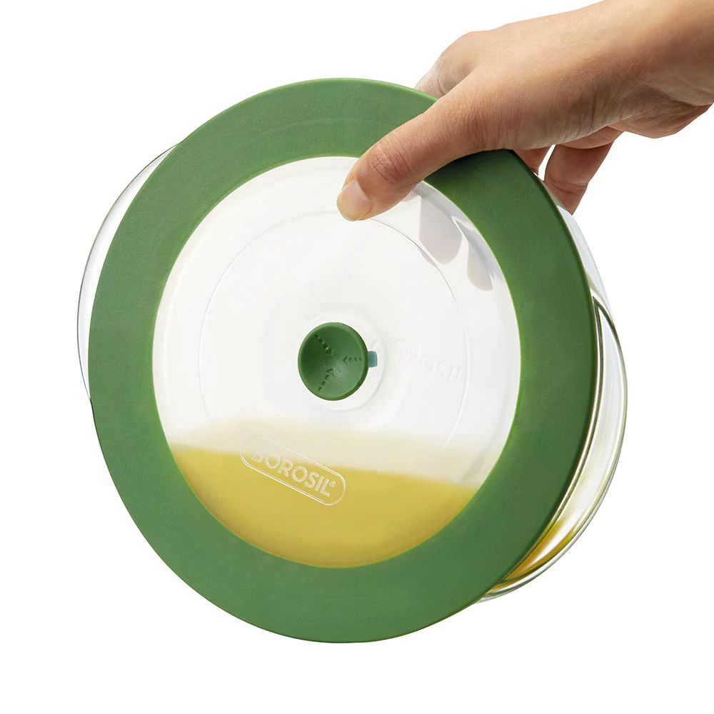 Borosil Round 1000 ML Dish with Green Lid | Microwave & Oven Safe | Transparent | 1 Pc