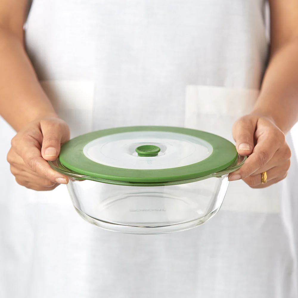 Borosil Round 1000 ML Dish with Green Lid | Microwave & Oven Safe | Transparent | 1 Pc