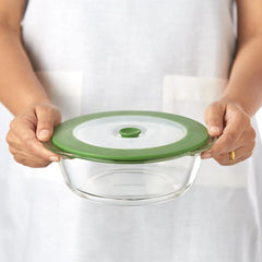 Borosil Round 1000 ML Dish with Green Lid | Microwave & Oven Safe | Transparent | 1 Pc