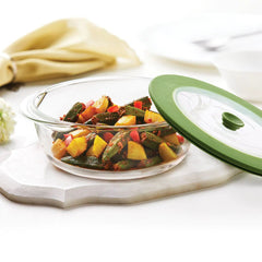 Borosil Round 1000 ML Dish with Green Lid | Microwave & Oven Safe | Transparent | 1 Pc