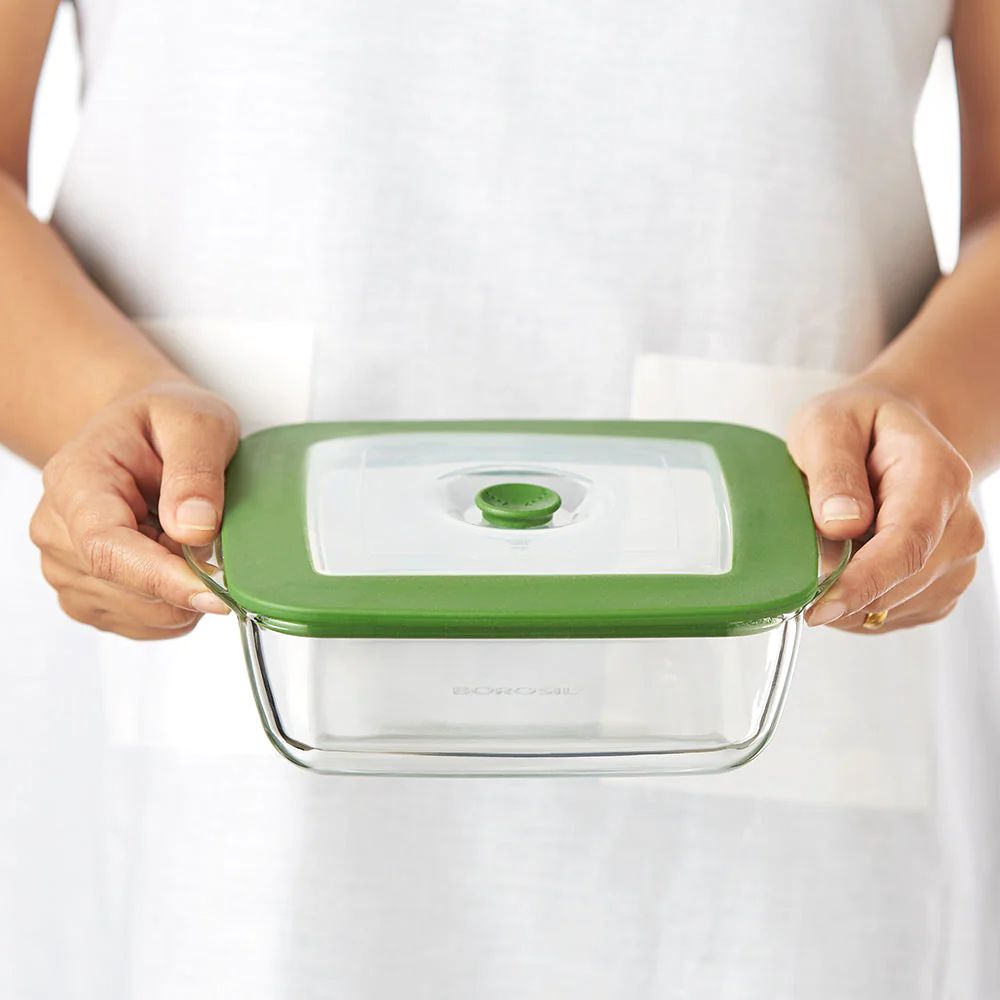 Borosil Square Dish with Green Lid | Microwave & Oven Safe | Transparent | 1 Pc