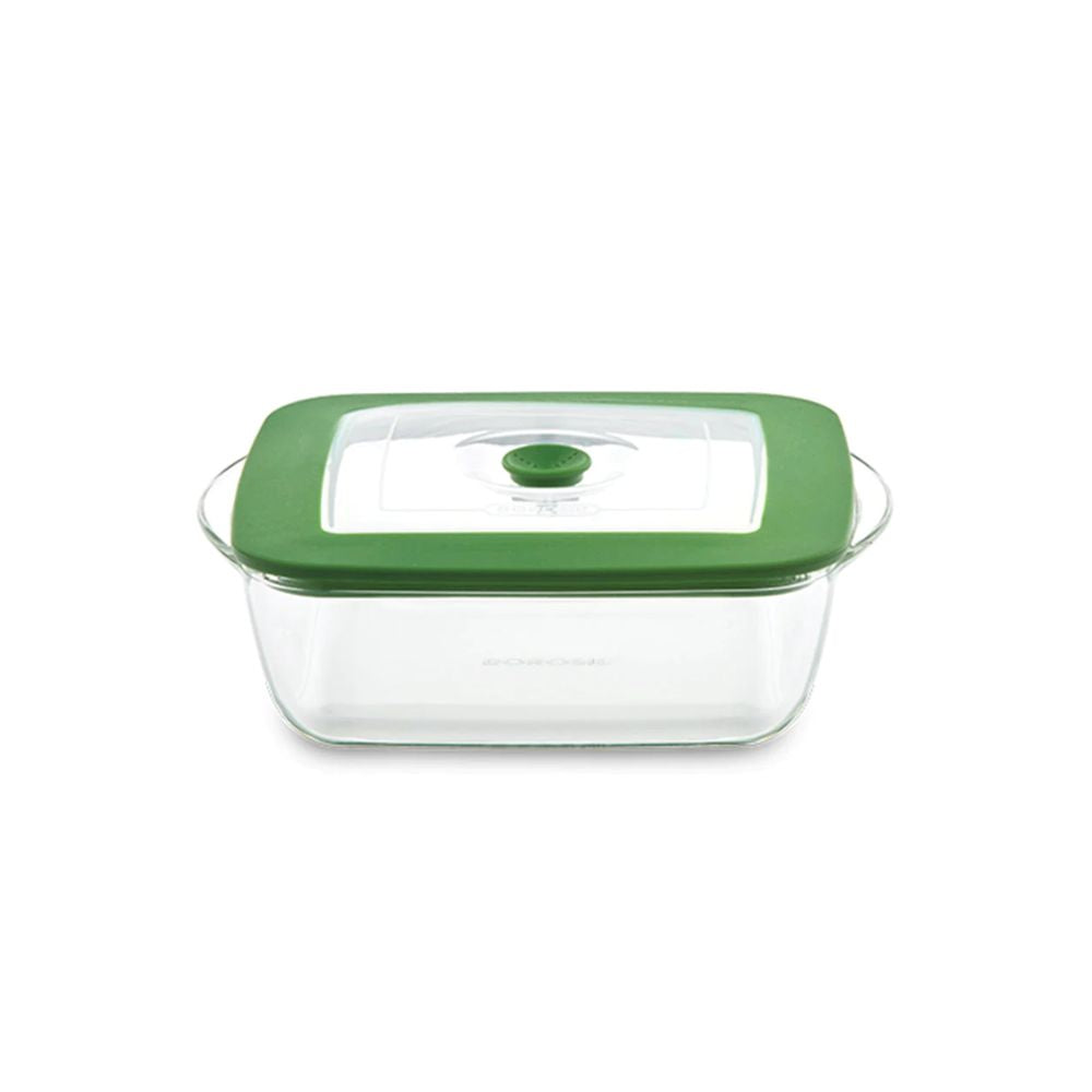 Borosil Square Dish with Green Lid | Microwave & Oven Safe | Transparent | 1 Pc