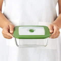 Borosil Square Dish with Green Lid | Microwave & Oven Safe | Transparent | 1 Pc