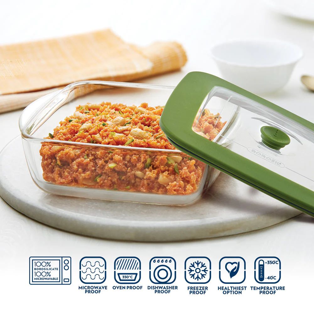 Borosil Square Dish with Green Lid | Microwave & Oven Safe | Transparent | 1 Pc