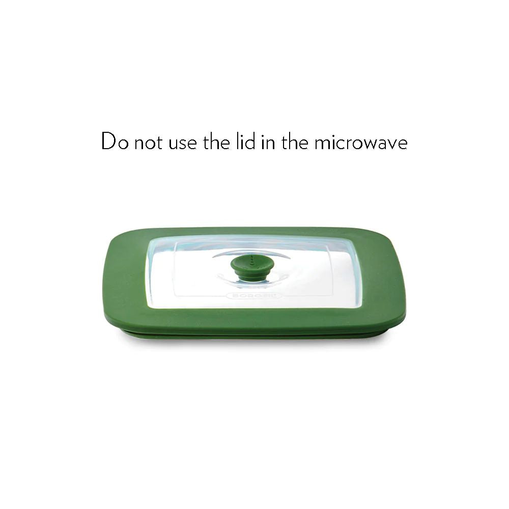 Borosil Square Dish with Green Lid | Microwave & Oven Safe | Transparent | 1 Pc