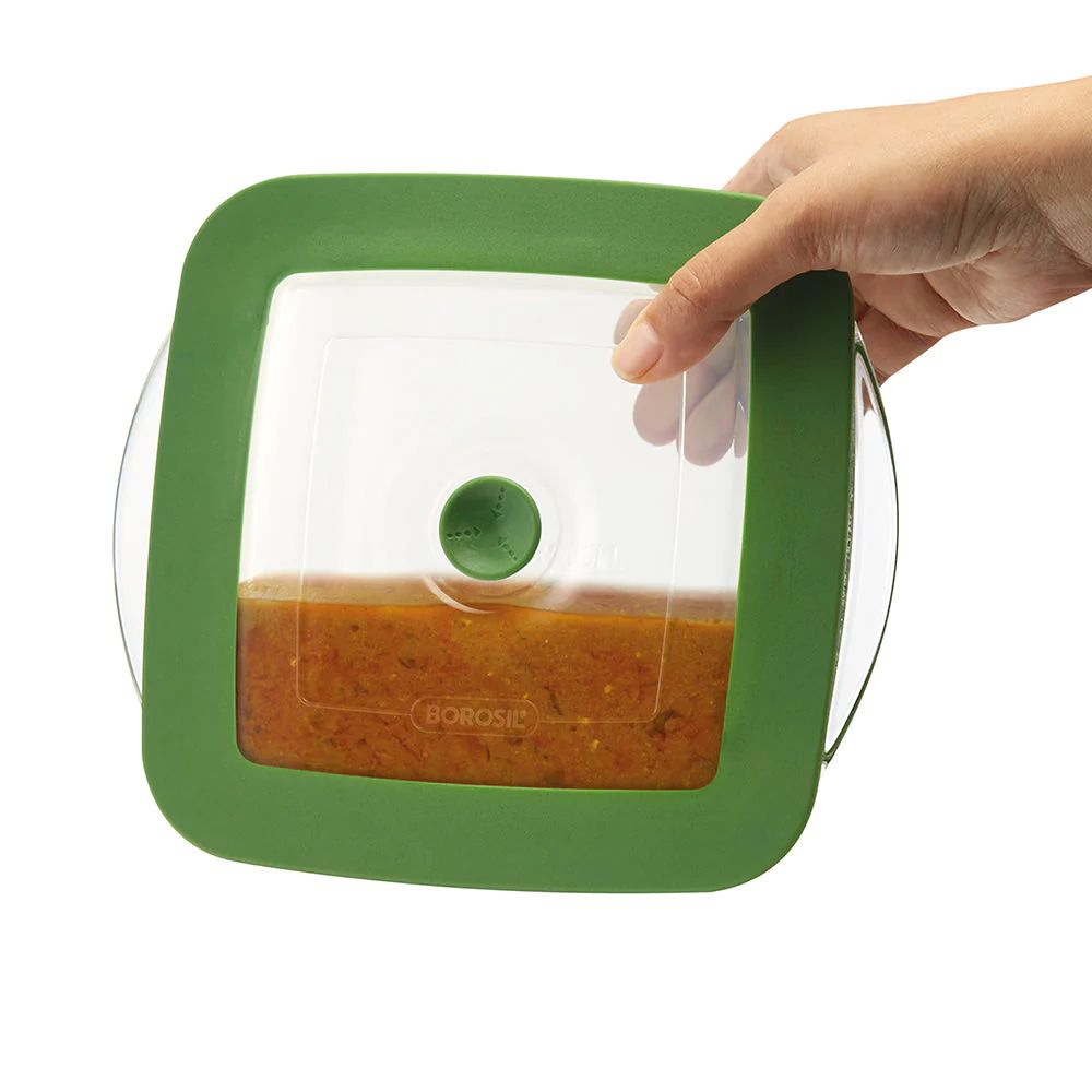 Borosil Square Dish with Green Lid | Microwave & Oven Safe | Transparent | 1 Pc