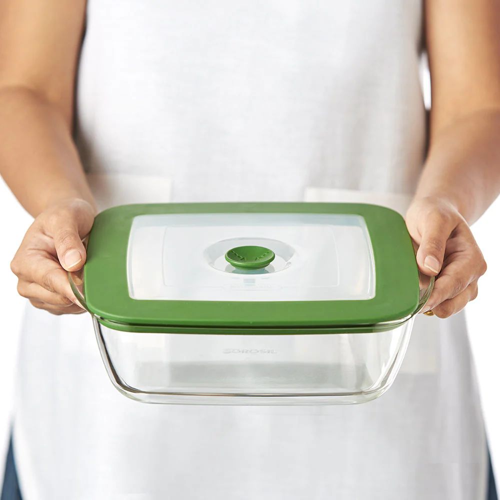 Borosil Square Dish with Green Lid | Microwave & Oven Safe | Transparent | 1 Pc