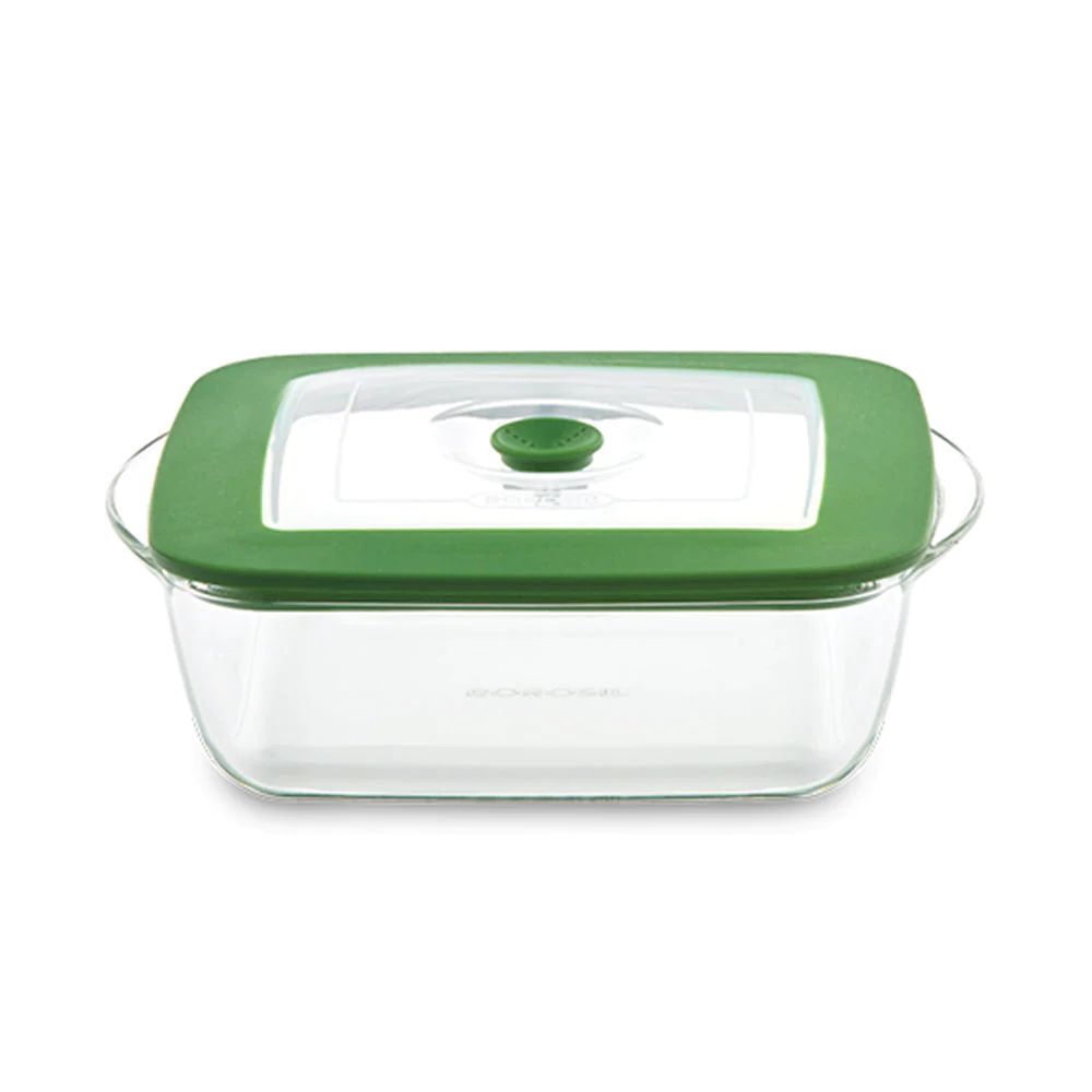 Borosil Square Dish with Green Lid | Microwave & Oven Safe | Transparent | 1 Pc