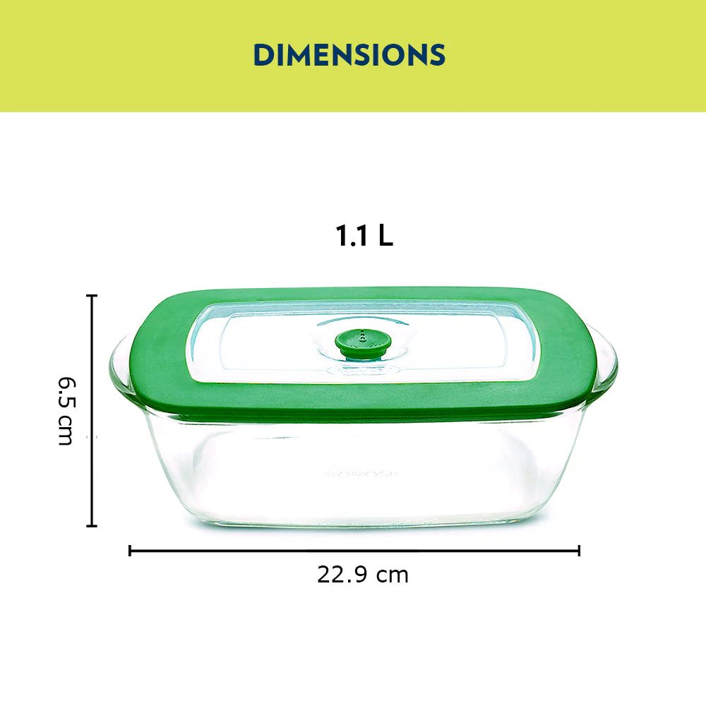 Borosil Rectangular Dish with Green Lid | Microwave & Oven Safe | Transparent | 1 Pc