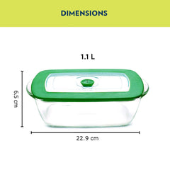 Borosil Rectangular Dish with Green Lid | Microwave & Oven Safe | Transparent | 1 Pc