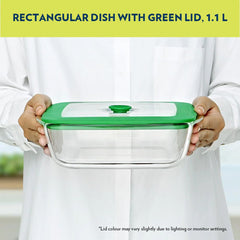 Borosil Rectangular Dish with Green Lid | Microwave & Oven Safe | Transparent | 1 Pc