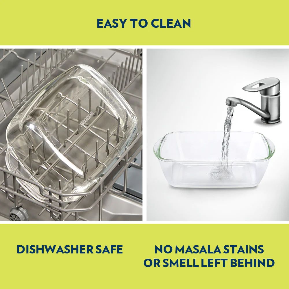 Borosil Rectangular Dish with Green Lid | Microwave & Oven Safe | Transparent | 1 Pc