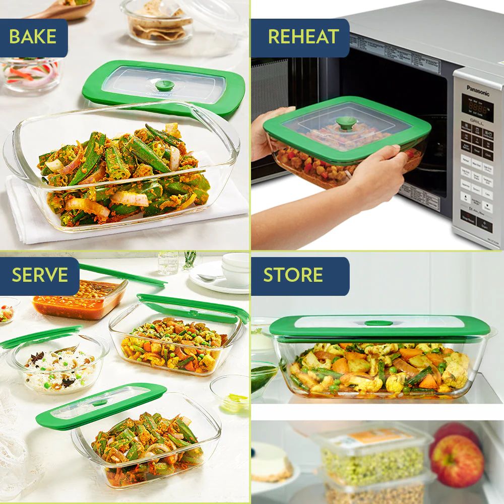 Borosil Rectangular Dish with Green Lid | Microwave & Oven Safe | Transparent | 1 Pc